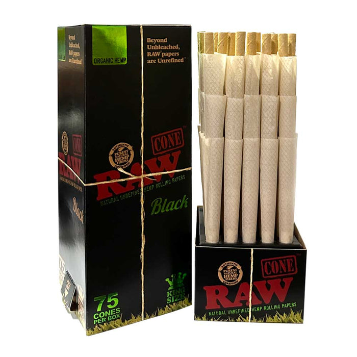 RAW Black Organic Hemp King Size Pre Rolled Cones (75)